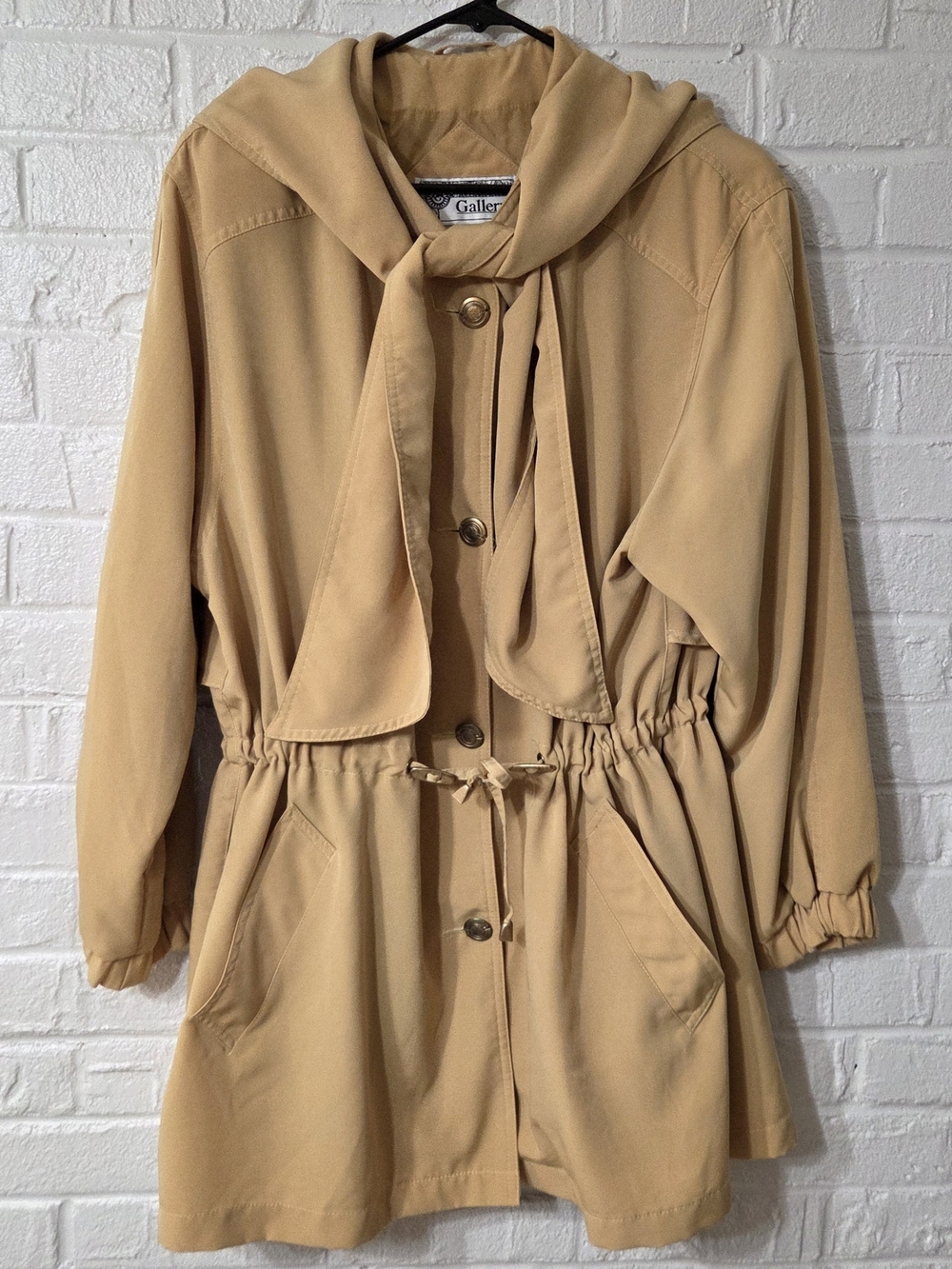 Gallery Camel Drawstring-Waist Hooded Trench Coat